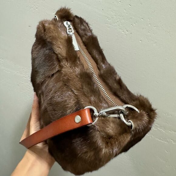 Natural Brown Handmade Real Mink Fur Half Moon Shoulder Bag/Crossbody - Picture 12 of 16